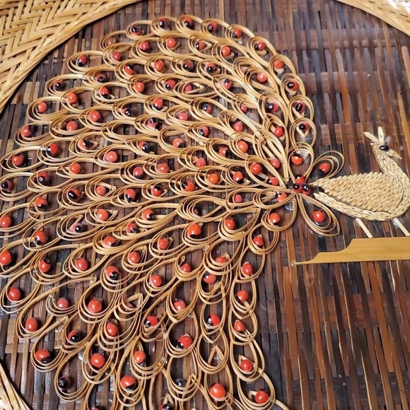 SET OF TWO Vintage 1970s Wicker Peacock Wall Hanging Boho Rattan Woven Art - Picture 7 of 13